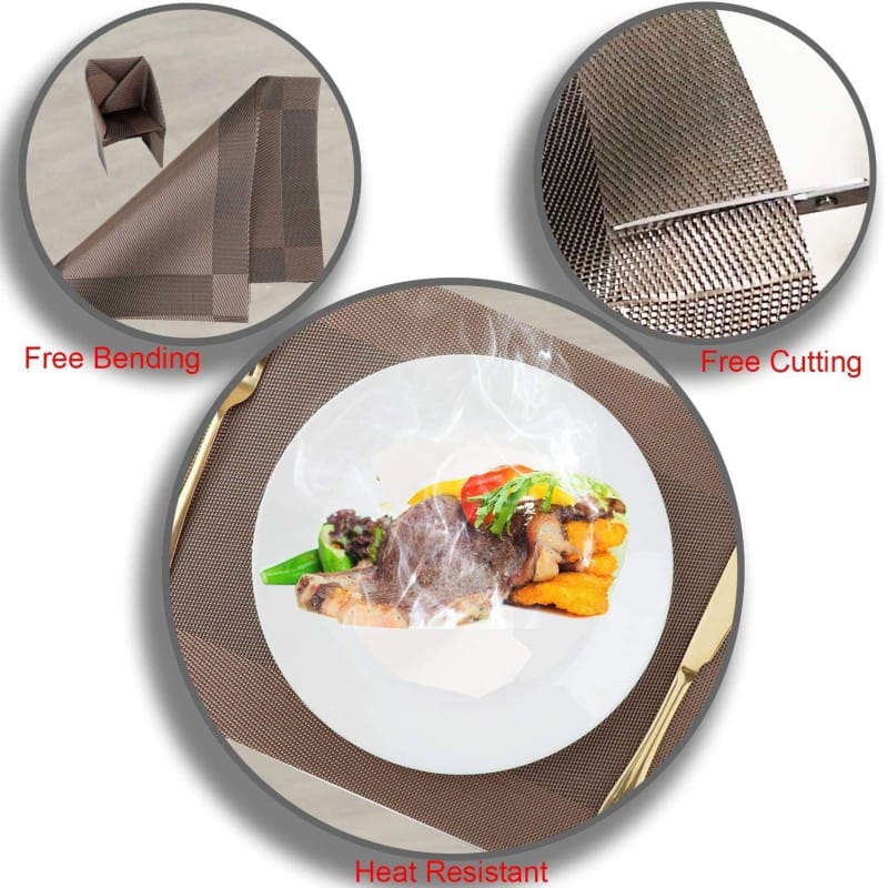 Picture of 6 pcsPlacemats with Table Runner Set Place Mats Woven Vinyl Heat Resistant Washable Kitchen Tablemat for Dining Table Indoor Outdoor Placemat (1 Table Runner and 6 Placemats_coffee)-Coffee