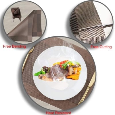 Picture of 6 pcsPlacemats with Table Runner Set Place Mats Woven Vinyl Heat Resistant Washable Kitchen Tablemat for Dining Table Indoor Outdoor Placemat (1 Table Runner and 6 Placemats_coffee)-Coffee