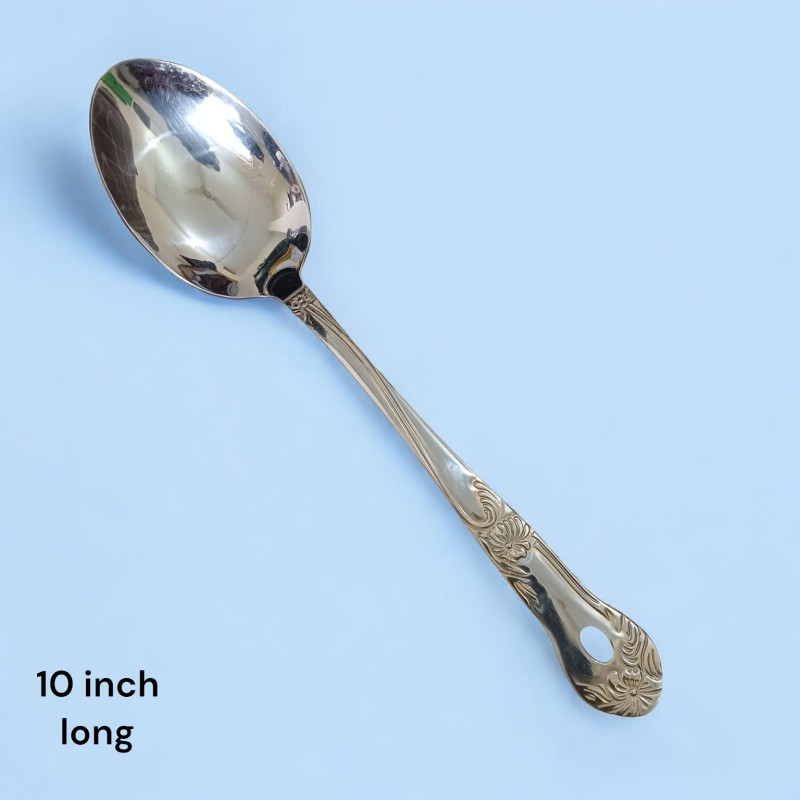 Picture of Silver Stainless Steel Long Rice Spoon - 10 Inch, Mirror Polish, Golden Cutting Print Handle, Ideal for Cooking and Serving-Silver