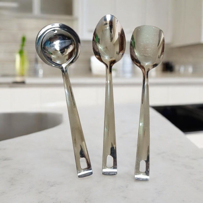 Picture of Set of 3 Stainless Steel Kitchen Spoons, 10 Inch: Solid Turner, Big Soup, and Serving Spoons, Silver Finish. Non-Magnetic with Mirror Polish, Ideal for Cooking and Serving, Ensuring Versatility.-Silver