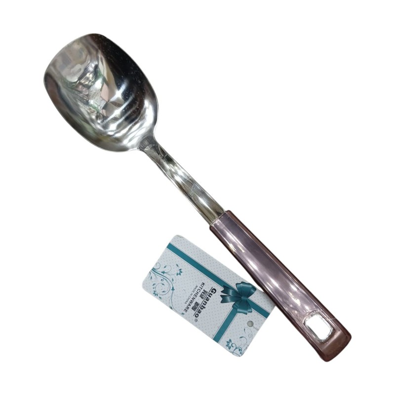 Picture of Silver Stainless Steel Solid Turner Spoon - 10 Inch, Mirror Polish, Non-Magnetic with Plastic Cover Handle-Silver