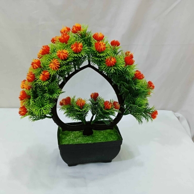 Picture of Office Table Decoration: Heart Shape Design Green Artificial Bonsai Tree with Mini Multi-Color Flowers and Plastic Vases, 11 Inch, Gram Beauty Flower-Multicolor