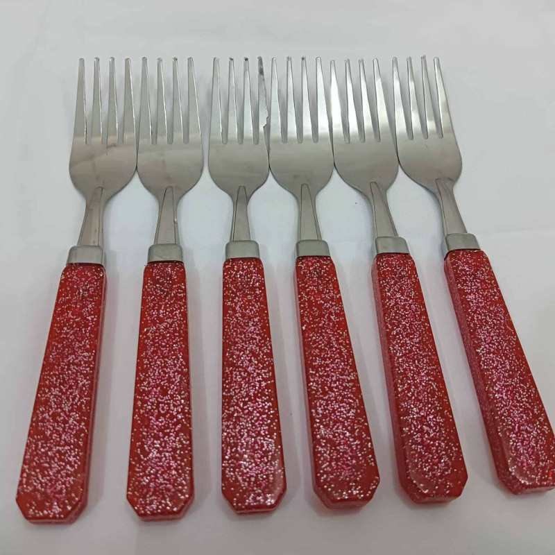 Picture of Dining Fork 6-Pieces Set for Kitchen and Dining Table Steel with Glitter Red Plastic Handle Fork Spoon Set for Home and Kitchen (Set of 6)-Red