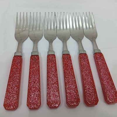 Picture of Dining Fork 6-Pieces Set for Kitchen and Dining Table Steel with Glitter Red Plastic Handle Fork Spoon Set for Home and Kitchen (Set of 6)-Red