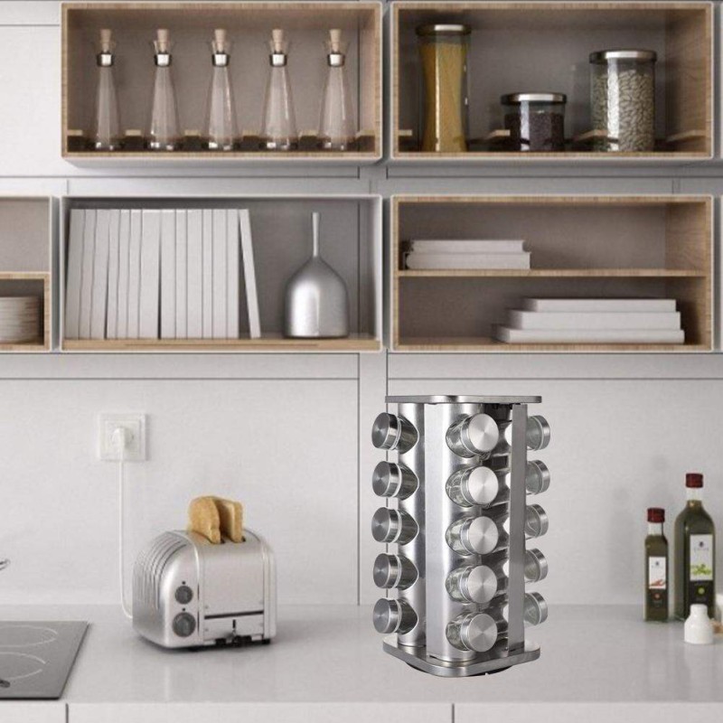 Picture of Set of 20 Spice Jars | Round Spice Rack |  Seasoning Dried Herbs Storage Organization | Stainless Steel Rotating Countertop Spice Holder Shelf for Kitchen Cabinet Organizer-Silver