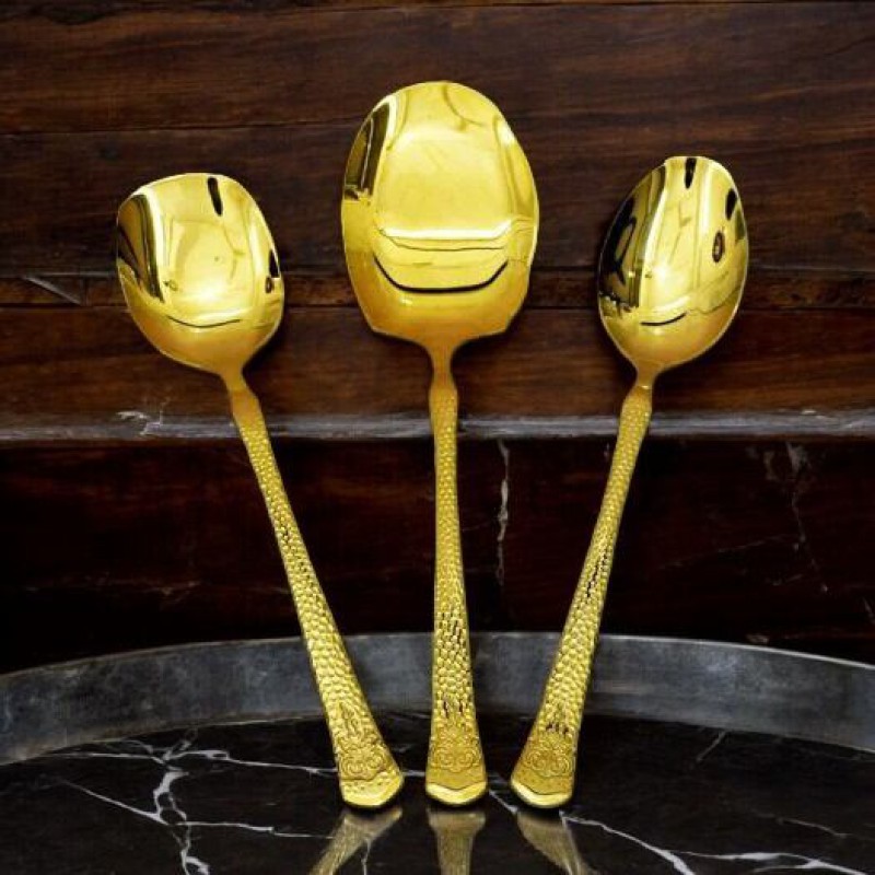 Picture of 12 Inch Stainless Steel Spoon Set - 3-Piece: Mirror Polish, Non-Magnetic, Golden Design, Includes Big Rice Spoon, Curry Serving Spoon, and Flat Turner Spoon-Gold