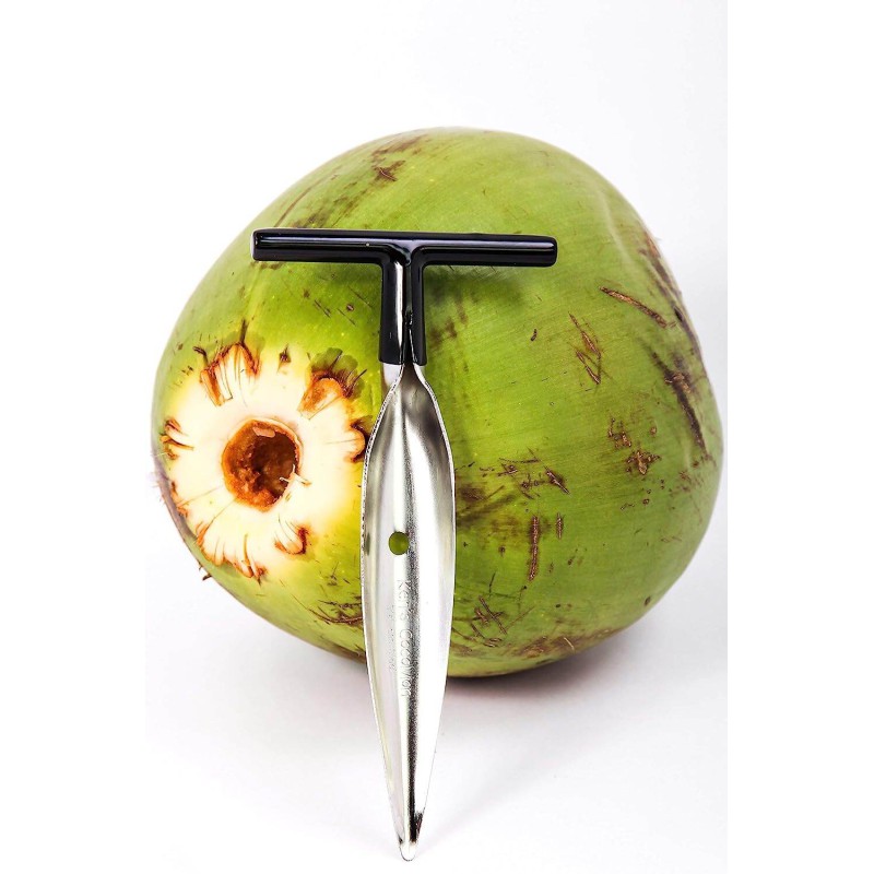Picture of CocoMon Coconut Opener Tool + Stainless Straw for Fresh GREEN Young Fruit Black Rubber Handle EZ Easy Grip SAFE with Stainless Steel Drinking Straws (1 CocoMon + 4 Straw)-Silver