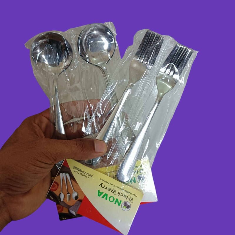 Picture of Nova-12pcs stainless steel spoon set 6 pcs round sup spoon and 6 pcs fork spoon combo pake of 12 silver color mirror polish spoon 15cm long heavy spoon dishware save easy to clean (12pcs set)-Silver