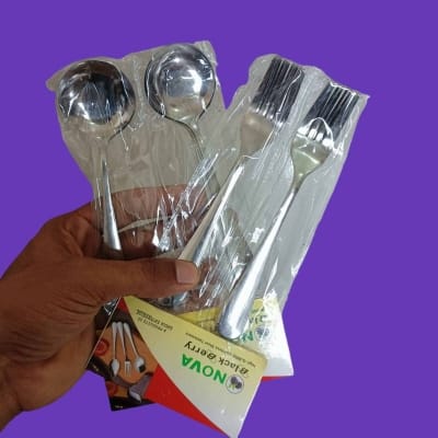 Picture of Nova-12pcs stainless steel spoon set 6 pcs round sup spoon and 6 pcs fork spoon combo pake of 12 silver color mirror polish spoon 15cm long heavy spoon dishware save easy to clean (12pcs set)-Silver