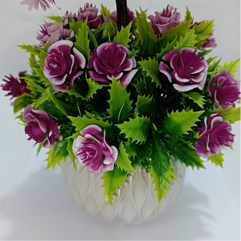 Picture of 2 layer Flower Bonsai Artificial Grass Plants with Pot for Home Decor Decorative Office Indoor Decor Purple-Purple