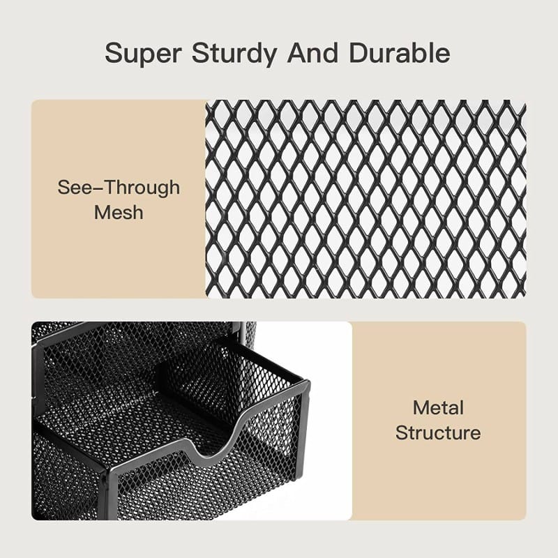 Picture of Black Metal Mesh Desk Organizer Pen Stand with Drawe-Black