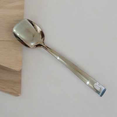 Picture of 10 Inch Stainless Steel Solid Turner Spoon, Silver Finish, Mirror Polish, Non-Magnetic. Perfect for Cooking and Serving, Combines Durability with Elegant Design for Easy Kitchen Use.-Silver