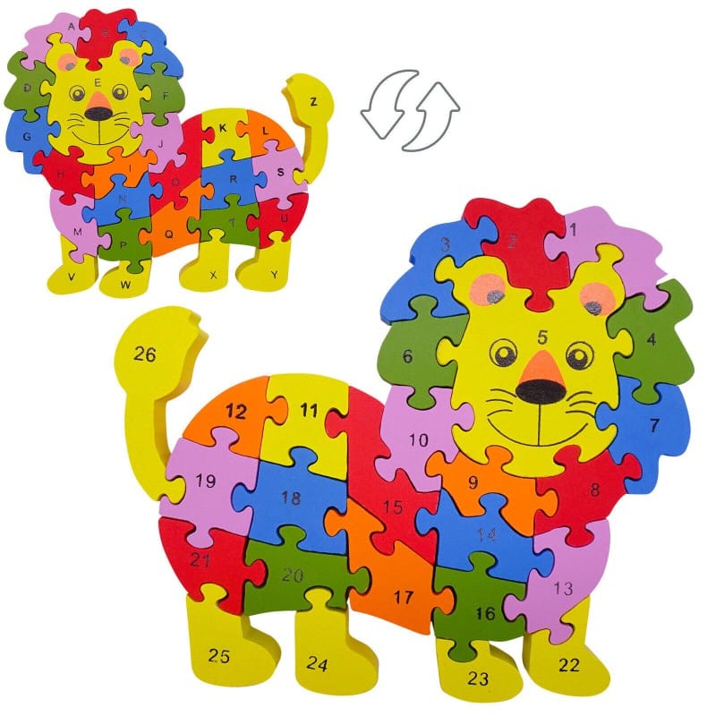 Picture of A to Z and 1-26 Lion Wooden Jigsaw Puzzle for Kids - Includes 26 Capital Alphabet Letter Pieces - Improve Skills, Problem Solving Ability - Ages 2 Years +-Multicolor