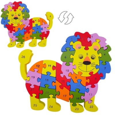 Picture of A to Z and 1-26 Lion Wooden Jigsaw Puzzle for Kids - Includes 26 Capital Alphabet Letter Pieces - Improve Skills, Problem Solving Ability - Ages 2 Years +-Multicolor