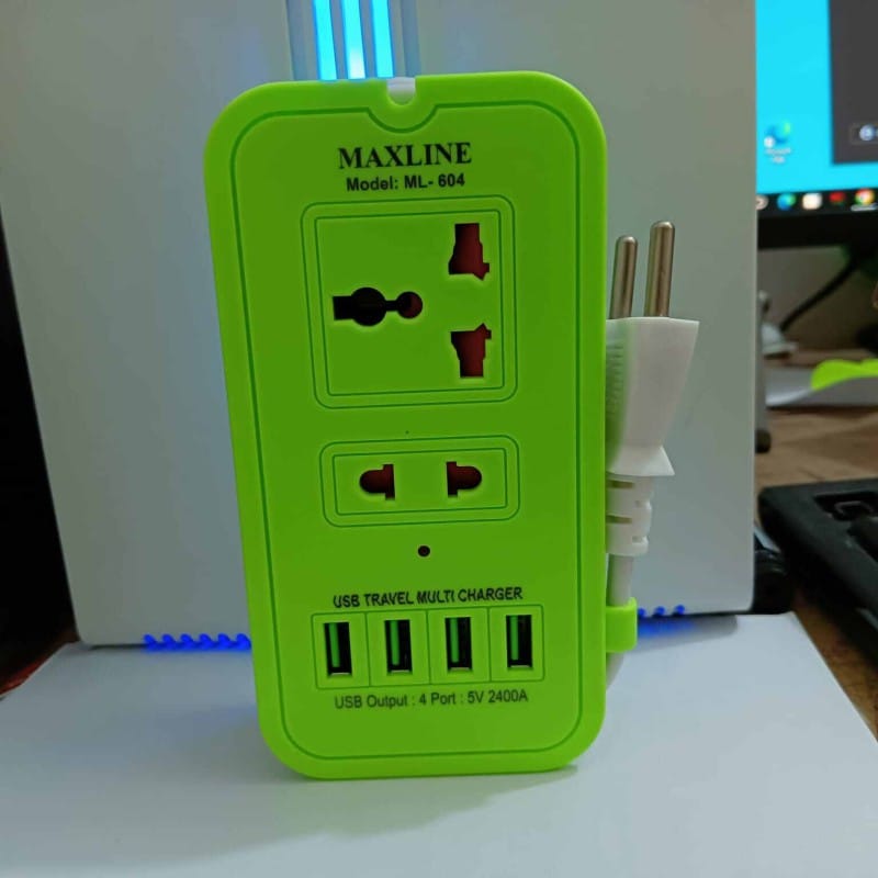 Picture of 1 pcs Maxline Smart 4 USB Port & 2 Power Socket travel multi charger with multi plug 6 Feet long cable-Multicolor