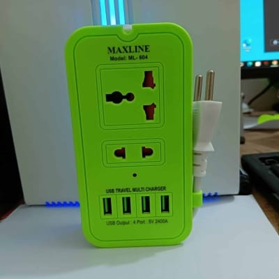 Picture of 1 pcs Maxline Smart 4 USB Port & 2 Power Socket travel multi charger with multi plug 6 Feet long cable-Multicolor