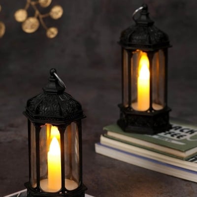 Picture of 1 Pcs Acrylic Antique LED Hurricane Lantern Lamp, Wall Hanging Led String Light Holder for Wall Home, Drawing, Living Room, Bedroom, Restaurant, Wall Decor for Christmas-Black