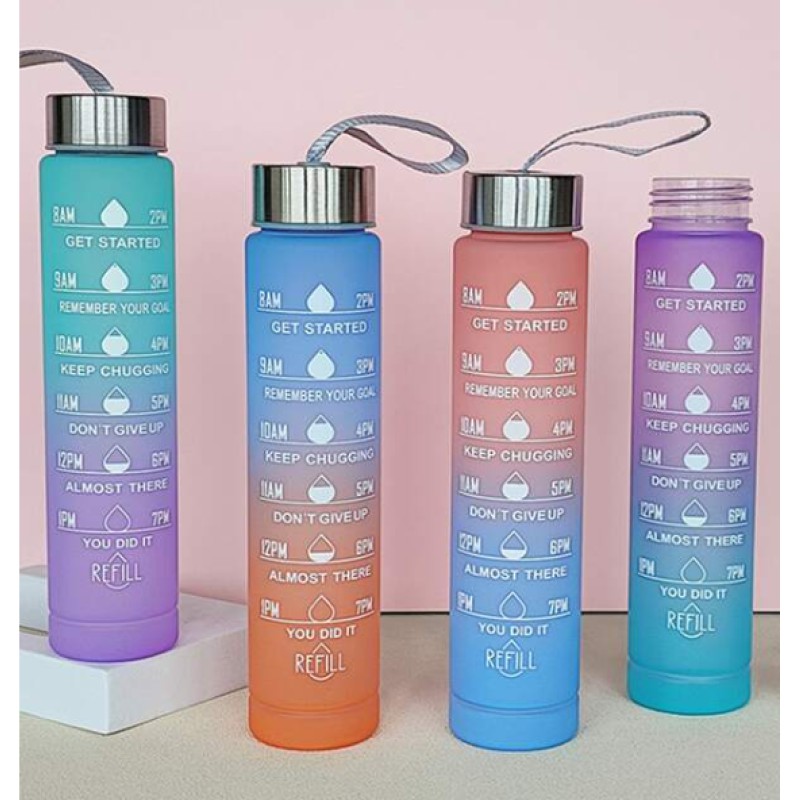 Picture of 1pc 300ml large capacity pink gradient PC water bottle, with sticker sports and fitness portable straw cup, for home and travel outdoor use-Multicolor