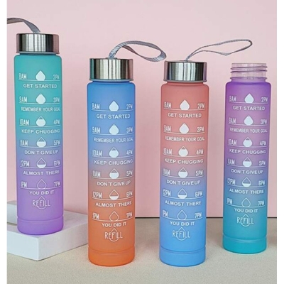 Picture of 1pc 300ml large capacity pink gradient PC water bottle, with sticker sports and fitness portable straw cup, for home and travel outdoor use-Multicolor