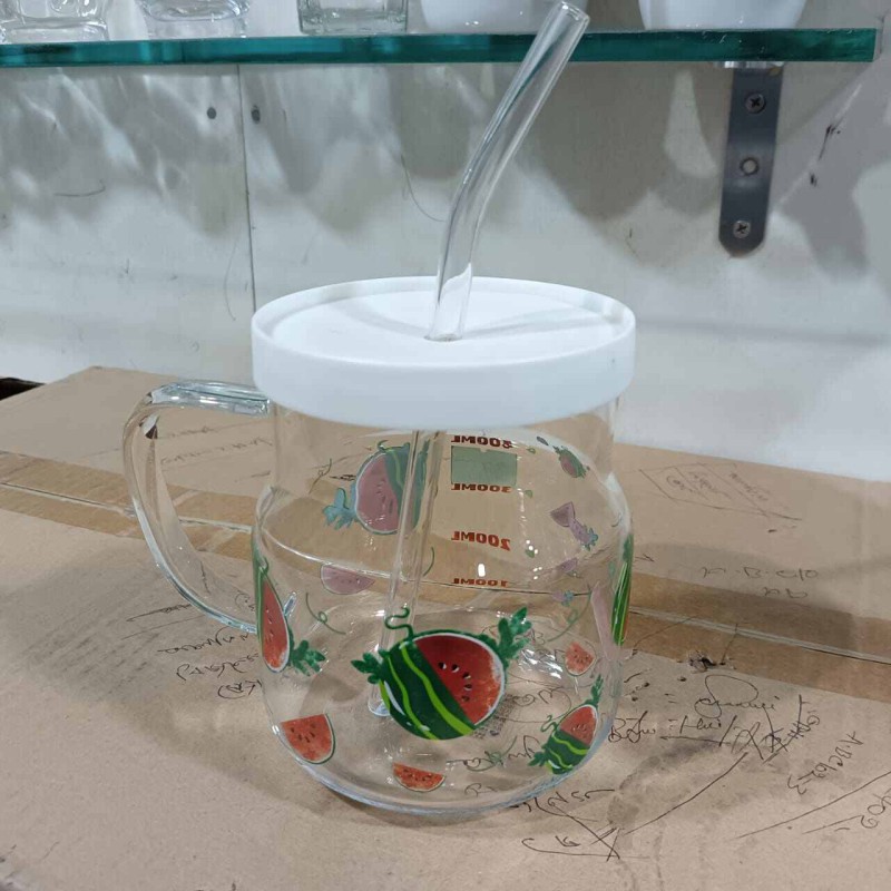 Picture of 1 pcs Glass Juice Sipper Mug with Plastic Lid & Glass Straw-Multicolor