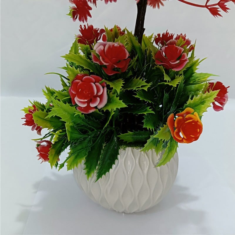 Picture of 2 layer Flower Bonsai Artificial Grass Plants with Pot for Home Decor Decorative Office Indoor Decor Red-White-Red