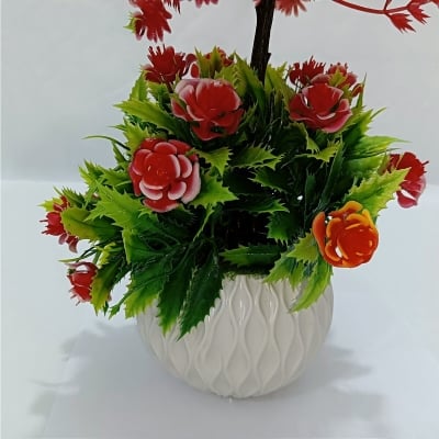 Picture of 2 layer Flower Bonsai Artificial Grass Plants with Pot for Home Decor Decorative Office Indoor Decor Red-White-Red