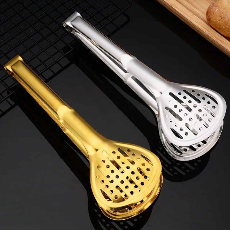 Picture of Stainless Steel Shell Hollow Food Tongs Non-Stick Barbecue Steak Clip Long Handle Buffet Tweezers Utensils for Home Kitchen golden color-Gold