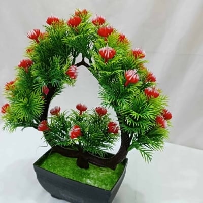 Picture of Heart Shape Design Green Artificial Bonsai Tree with Mini Multi-Color Flowers and Plastic Vases, 11 Inch Long, for Office Table Decoration, Gram Beauty Flower-Multicolor