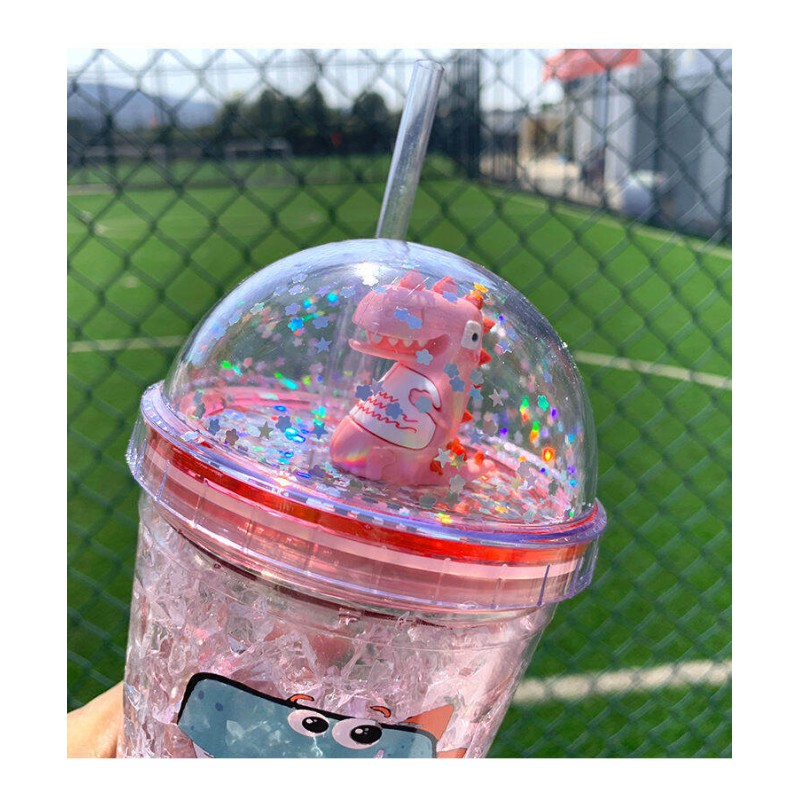 Picture of Children's Plastic Cup with Straw, for Dinosaur Dolls, 2 Layers, Freezer Water Bottle, Summer Gift-Multicolor