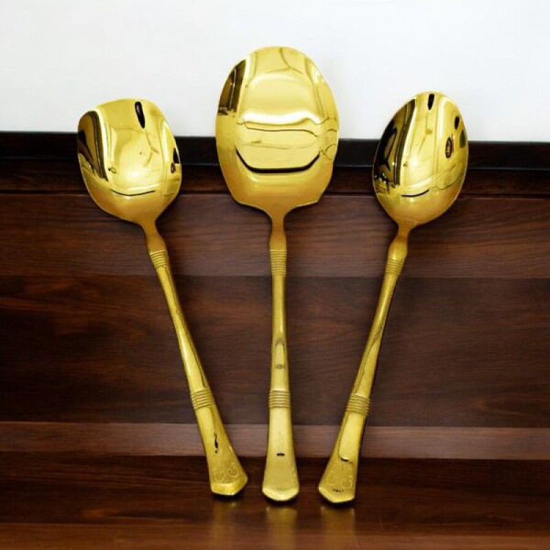 Picture of 3-Piece Set: 12 Inch Stainless Steel Spoons - Mirror Polish, Non-Magnetic, Golden Design, Includes Big Rice Spoon, Curry Serving Spoon, and Flat Turner Spoon, Ideal for Cooking and Serving-Gold