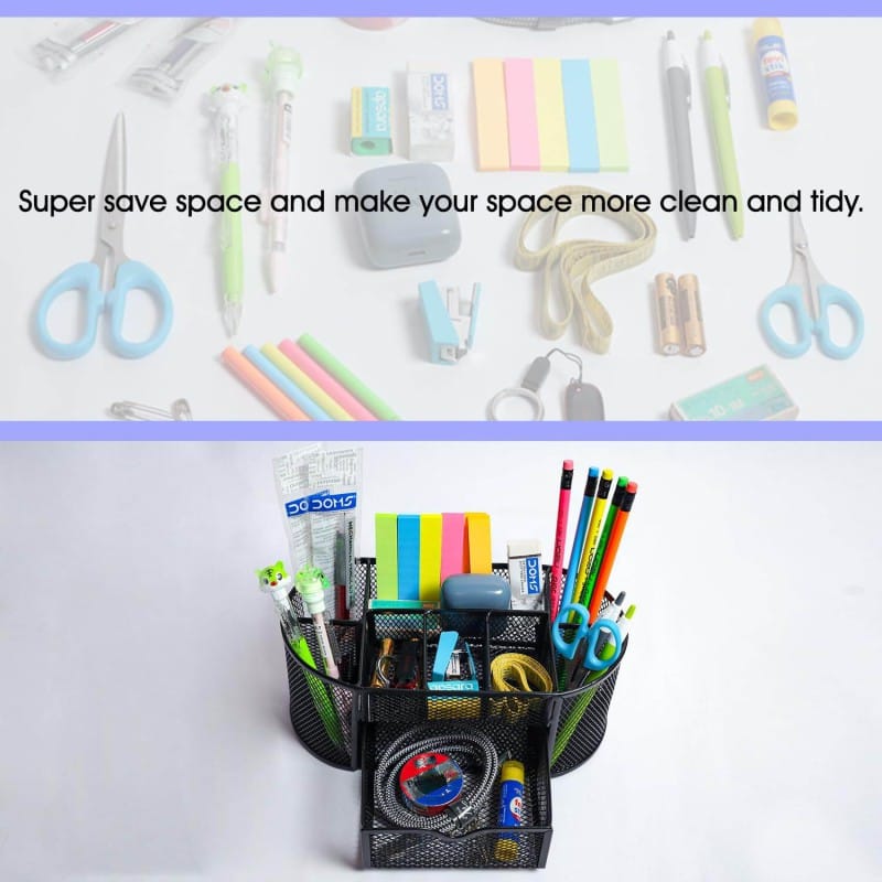 Picture of "Durable Black Metal Mesh Desk Organizer - Multi-Functional Pen Holder, Fireproof, High-Temperature Resistant, 10.5 x 11 x 22 cm, Coated Finish, Ideal for Office & School, 1 Piece"-Black