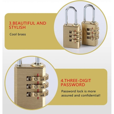 Picture of 3-Digit Resettable Brass Password Lock Combination Padlock  Combination lock padlock, 3 digits, number padlock, locker, ideal security combination lock for school, gym locker, cabinets, tool box, etc.-Gold