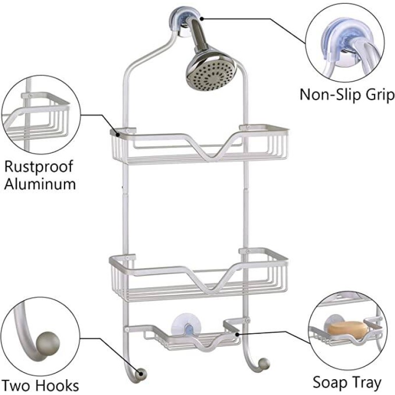 Picture of Bath Shower Caddy, Detachable Shower Caddy, 3-Tier Aluminum Extra Wide Space with Soap Tray and 2-Hooks for Shampoo, Conditioner, Razors, Towels, Silver-Silver