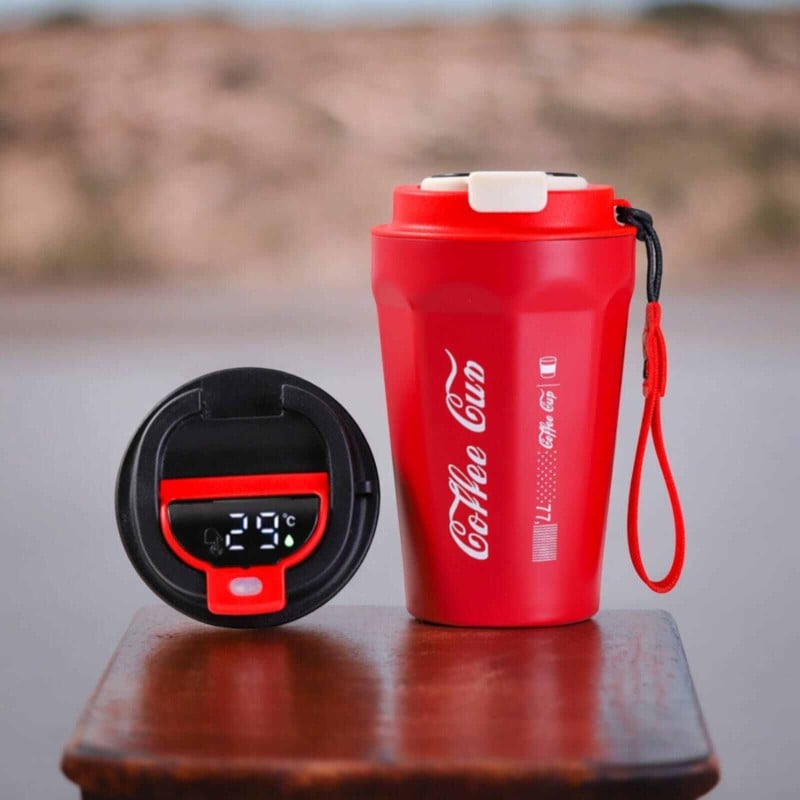 Picture of Red 400ml Insulated Vacuum Stainless Steel Coffee Cup Travel with Thermometer, 1 pcs Coffee Cup Travel-Red