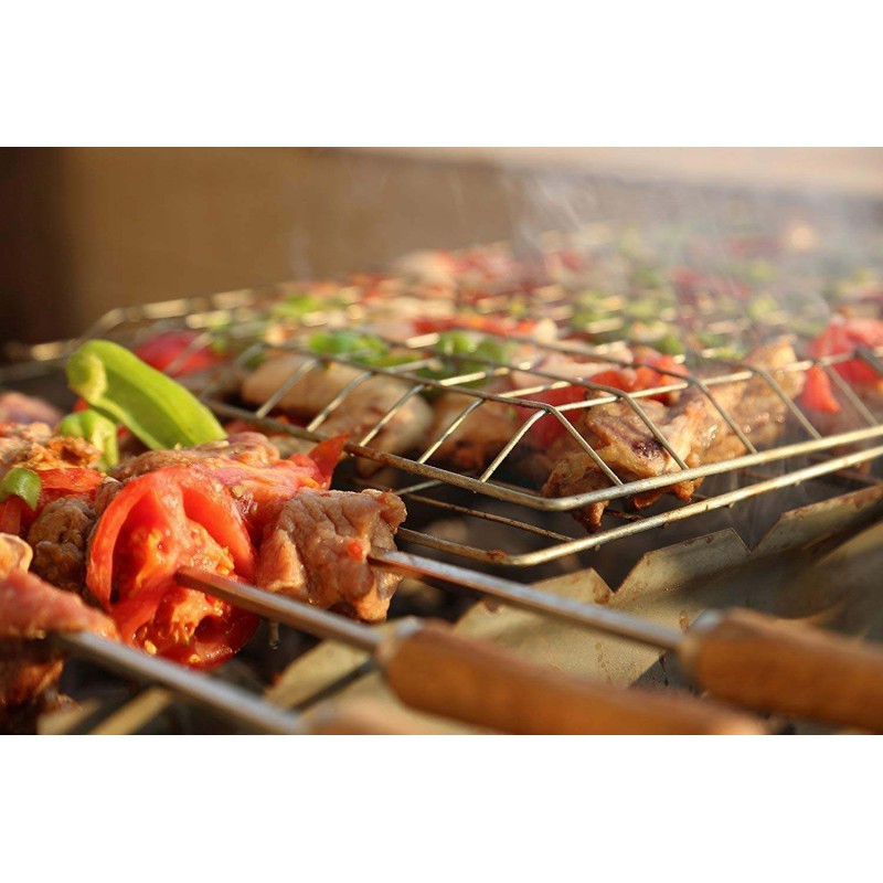Picture of New Portable Barbecue BBQ Grill Net Basket Roast Grilling Tray Chromium Plated with Wooden Handle (Big)-Silver