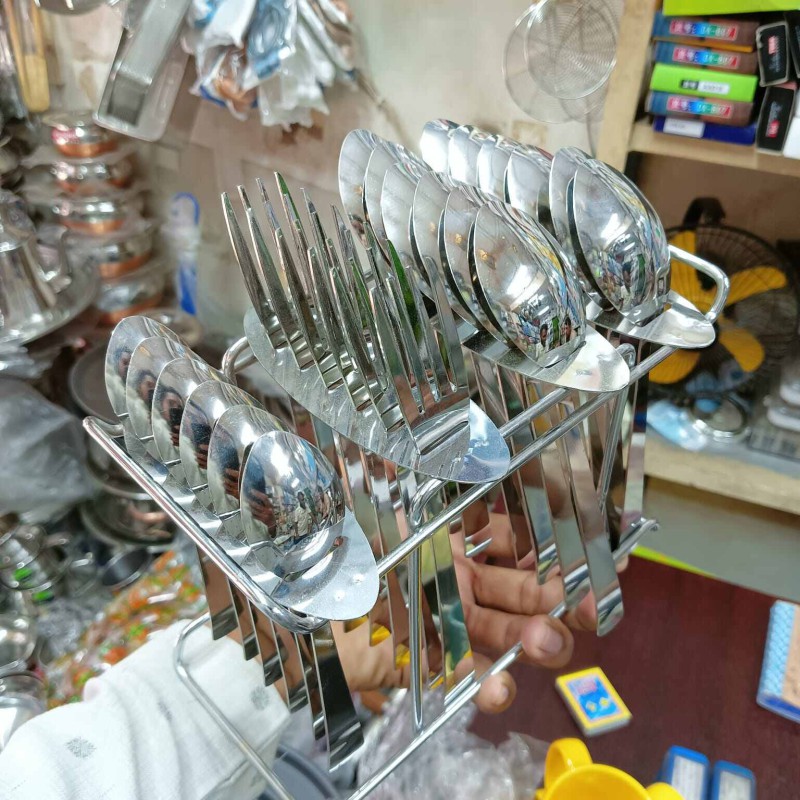 Picture of 24 pcs Stainless Steel Spoon with Stand/Spoon Holder/Cutlery Rack for Kitchen & Dinning Table silver color 25 pcs set (with stand)-Silver