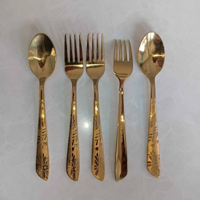 Picture of 12 pcs set  Golden color Tea spoon & Fork spoon set for Tableware , golden Fork spoon , 15 cm long Fork spoon golden AYD Brand golden Fork spoon 6 pcs tea spoon and 6 pcs fork spoon 15 cm long spoon-Gold