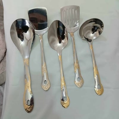Picture of 5 pcs set stainless steel big spoon set Rice spoon,logn rice spoon,sup spoon, spatula spoon golden design heavy quality-Silver