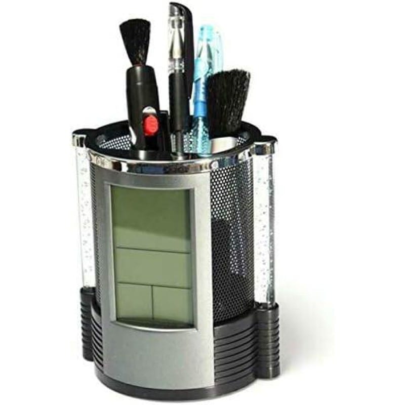 Picture of "Color-Changing Bubble LED Pen Holder with Digital LCD Alarm Clock - Gift Centre Multifunctional Desk Organizer, Features Countdown Timer & Temperature Display, Durable Black/Silver Plastic, Pencil Battery Operated, Perfect for Office & Student Desks, 1 P-Black