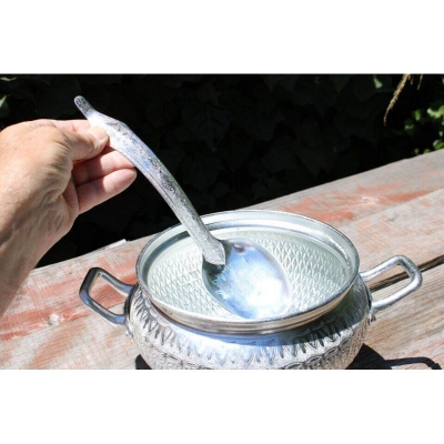 Picture of Rice Bowl & Ladle Spoon Thai Pattern Rice Container Aluminum Curry Serving-Silver
