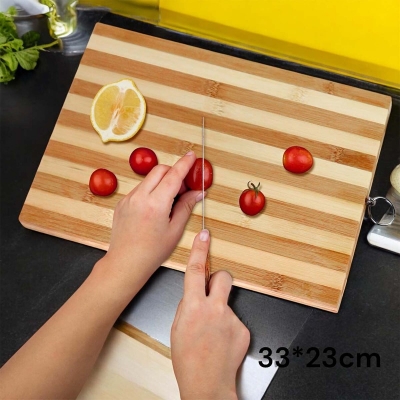 Picture of "Rectangle Bamboo Chopping Board - 33x23x1.8cm, Durable, Ideal for Meat, Veggies, and Bread, Includes Hook for Convenient Storage, Brown Wooden Board"-Brown