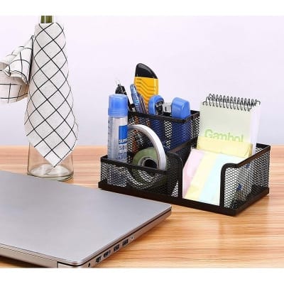 Picture of "Multifunctional Black Metal Desk Organizer - Creative 3-Grid Rack, Fireproof Pen Holder, High-Temperature Resistant, Coated Finish, 20.4 x 10.4 x 9.7 cm, Ideal for Office & Student Desks, 1 Piece"-Black