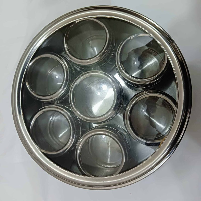 Picture of Stainless Steel Double See Through With Whole Shaker With See Through Spice Box, Masala Container for Kitchen, Steel Masala Boxes for Kitchen, 7 spice masala box, 20 cm-Silver