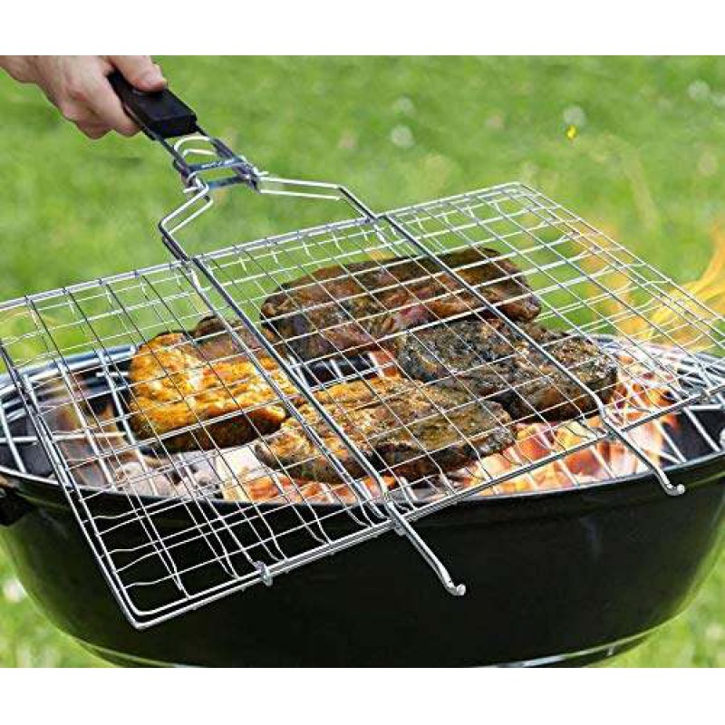 Picture of New Portable Barbecue BBQ Grill Net Basket Roast Grilling Tray Chromium Plated with Wooden Handle (Big)-Silver