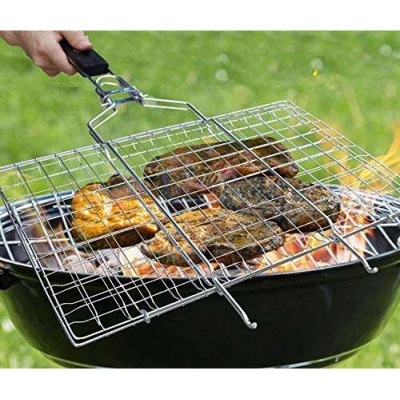 Picture of New Portable Barbecue BBQ Grill Net Basket Roast Grilling Tray Chromium Plated with Wooden Handle (Big)-Silver