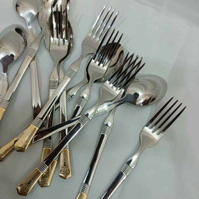 Picture of AYD premium golden design spoon 12 pcs stainless steel Tea spoon Magnet proof spoon mirror polish 15cm long spoon 6 pcs tea and 6 pcs fork spoon-Silver