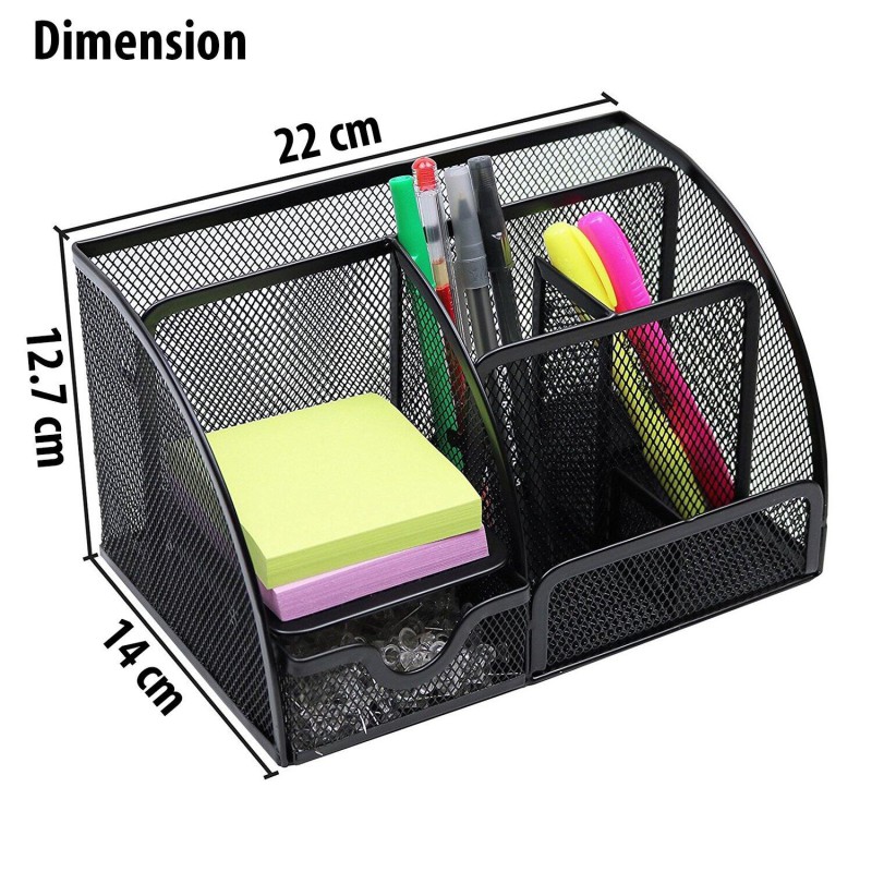 Picture of 7 Compartment Metal Mesh Desk Organizer with Drawer-Black