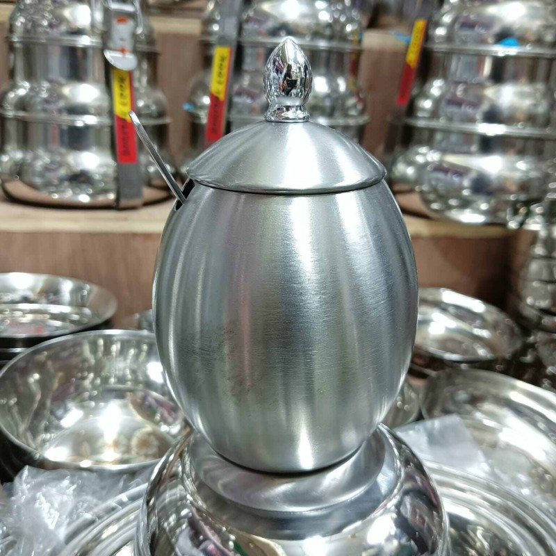 Picture of Stainless Steel Sugar Holder Seasoning Jar Condiment Pot Spice Container Canister Cruet and Lid Spoon Kitchen Tool-Silver