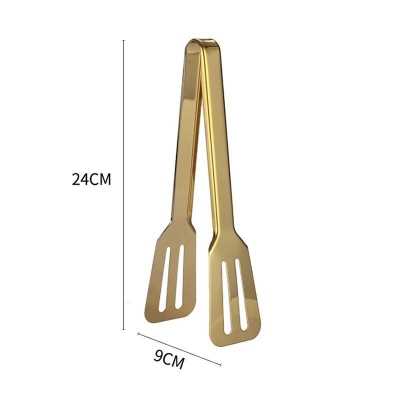 Picture of Stainless Steel Shell Hollow Food Tongs Non-Stick Barbecue Steak Clip Long Handle Buffet Tweezers Utensils for Home Kitchen golden color-Gold