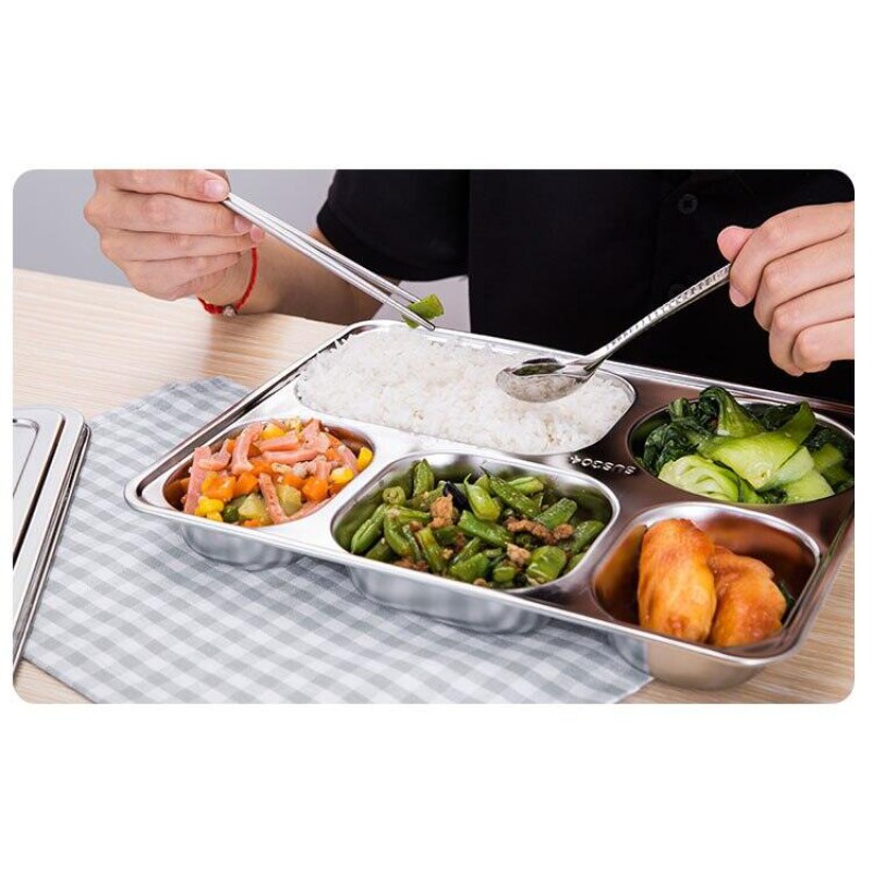 Picture of 1 pcs stainless steel rectangular shape dinner plate sub-grid children's dinner plate home separated lunch box without lid-Silver